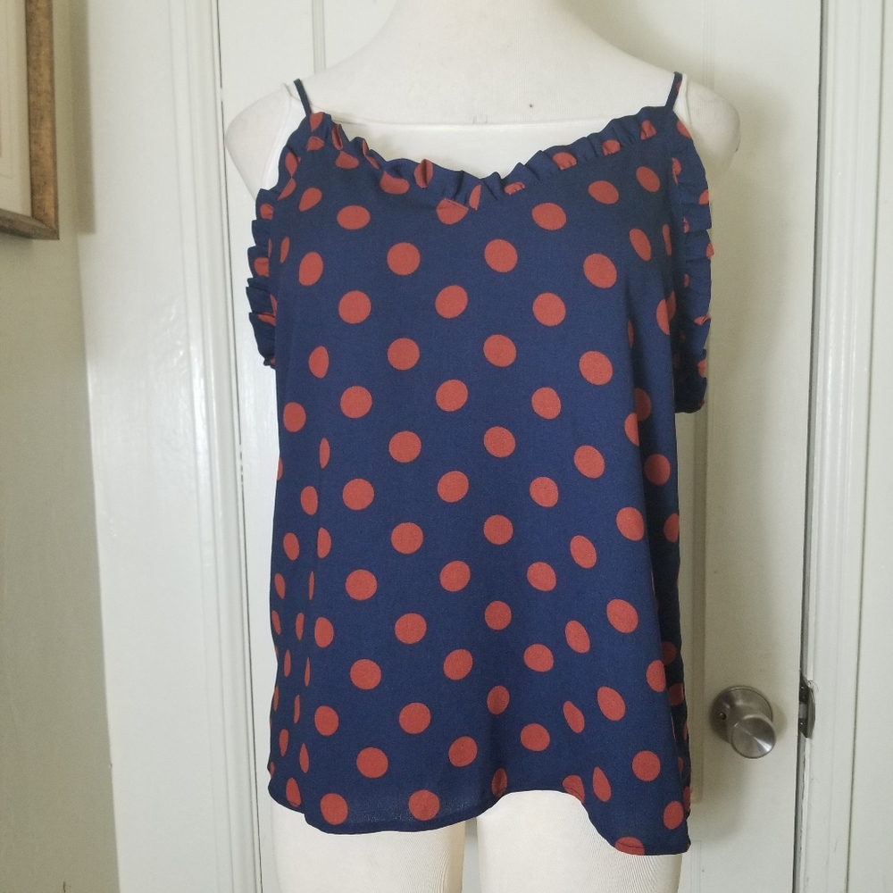 HALOGEN blue rust polka dot ruffle camisole